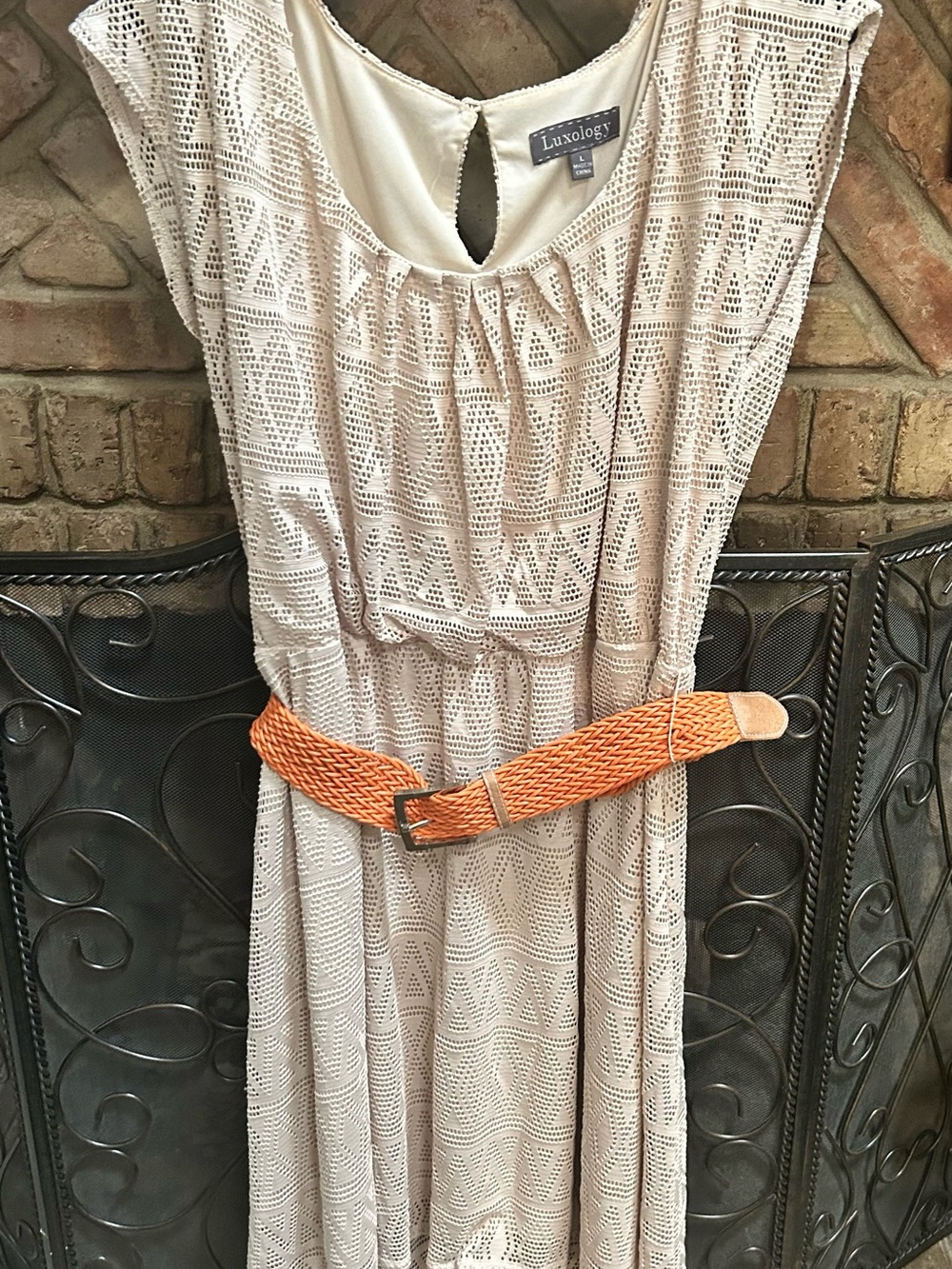 Luxology Cream Crochet Maxi Dress with Orange Woven Belt